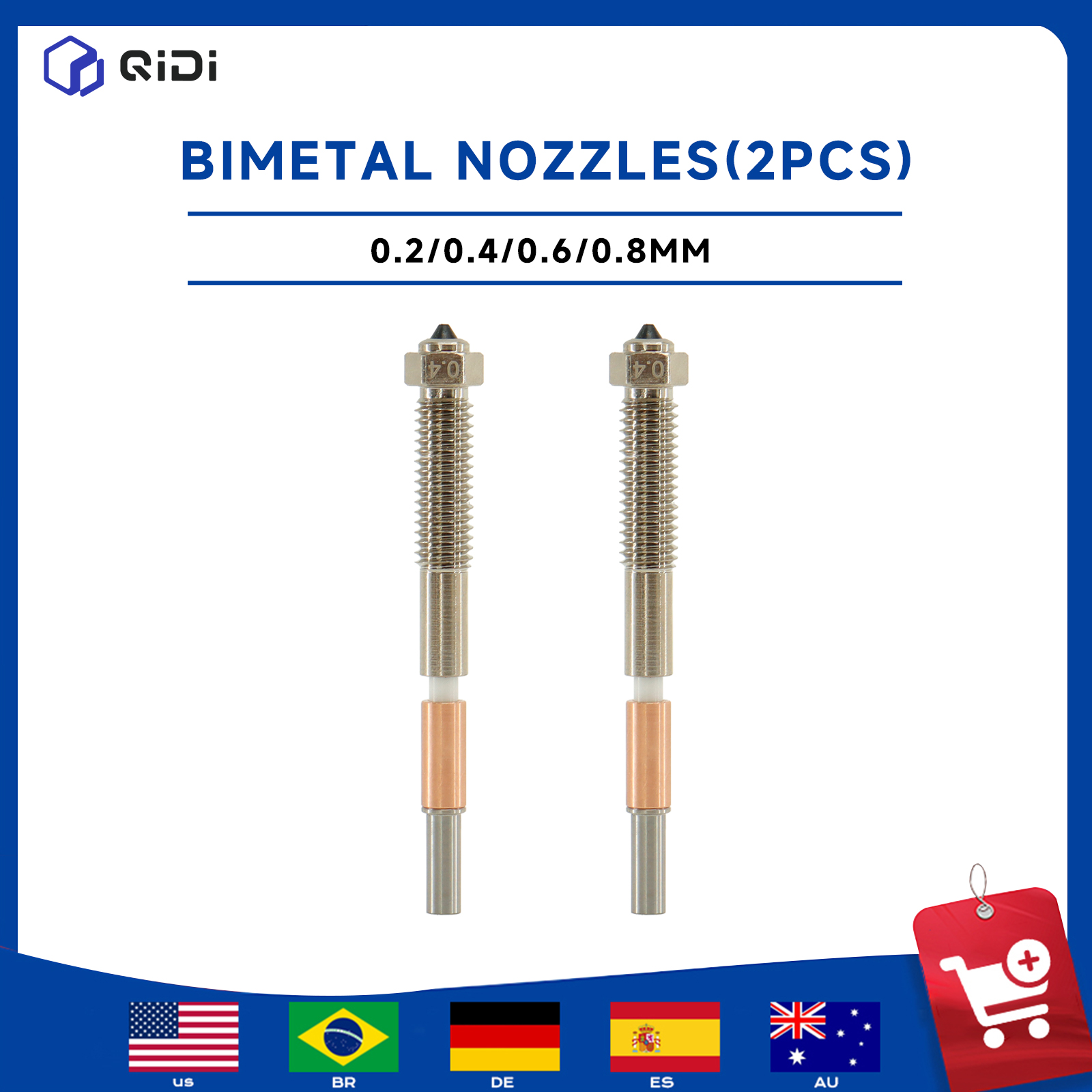 3D Printing Nozzle - Kit di 2 Ugelli Bimetallici QIDI